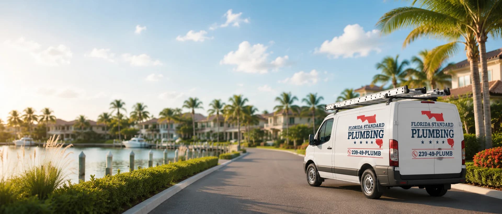 Florida Standard Plumbing van beside a palm-lined Southwest Florida waterfront