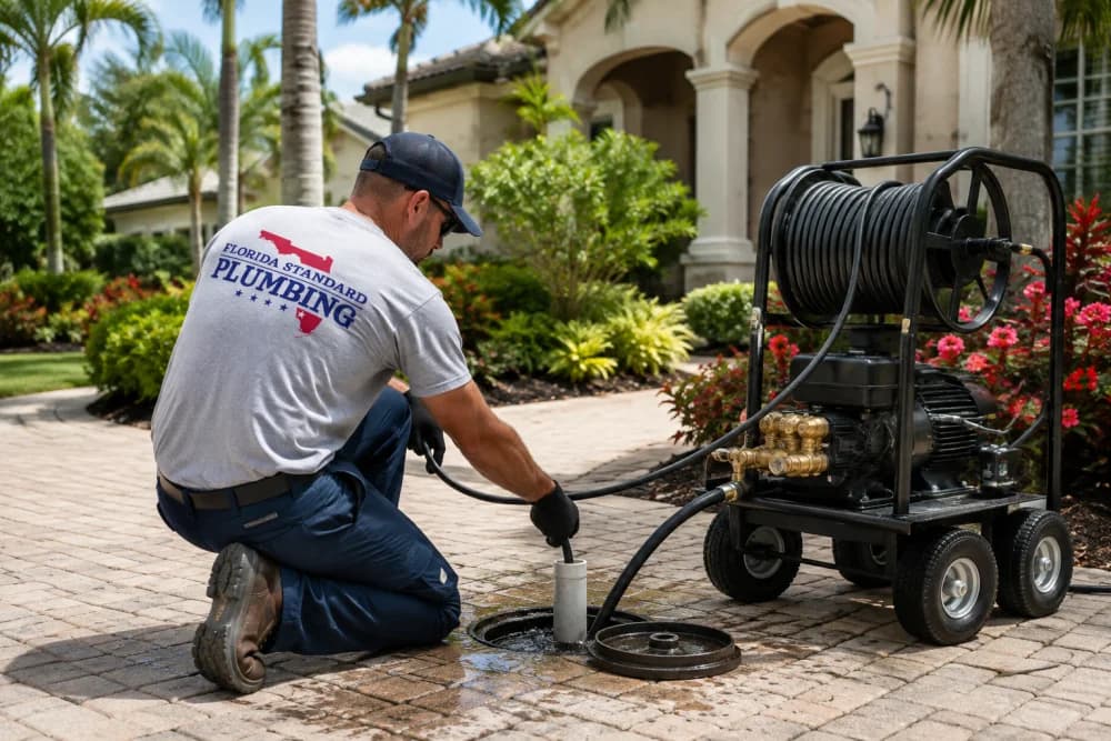 Florida Standard Plumbing artwork illustrating drain cleaning outside a Southwest Florida home